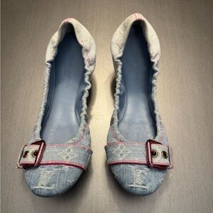 Louis Vuitton Women's Denim Flats with Pink Accents